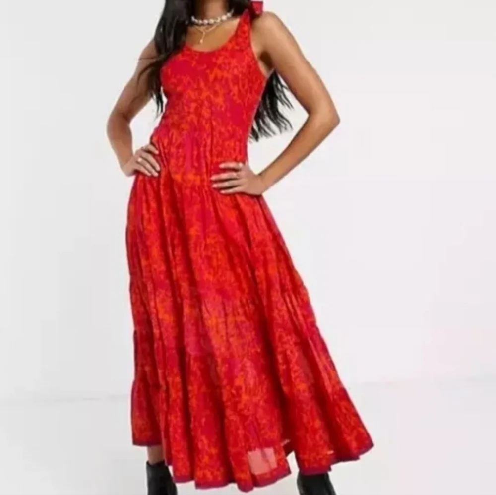 Free People Kikas Printed Midi Dress Cotton Ruffle Tiers Floral Sm Tangerine EUC - Picture 15 of 15